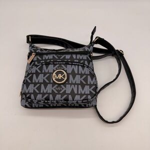 Michael Kors MK Logo Crossbody Bag Black Gray Gold Hardware Like New